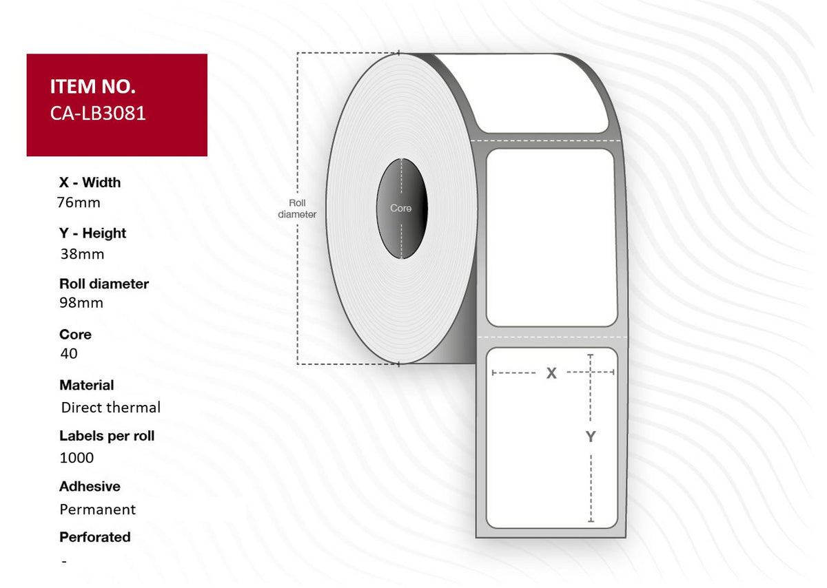 Capture Label 76x38, Core 40, Diameter 98 mm. Thermal print. Top coated. Permanent. 1000 labels per roll. 12 rolls per box.