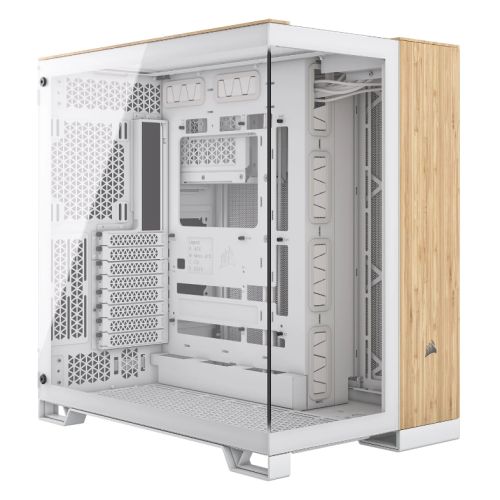 Corsair 6500X Dual Chamber Gaming Case w/ Glass Side & Front, ATX, Mesh Panels, USB-C, Asus BTF Compatible, White/Bamboo Wood