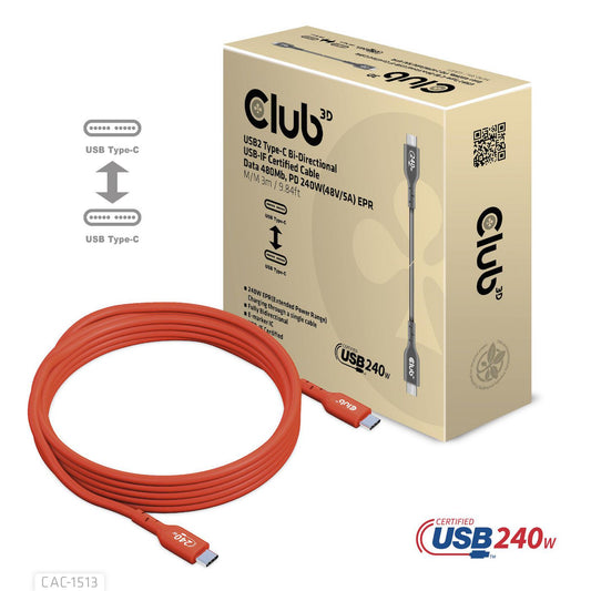 Club3D Usb2 Type-C Bi-Directional Usb-If Certified Cable Data 480Mb, Pd 240W(48V/5A) Epr M/M 3M / 9.84 Ft