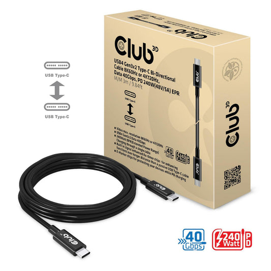 Club3D Usb4 Gen3X2 Type-C Bi-Directional Cable 8K60Hz Or 4K120Hz, Data 40Gbps, Pd 240W(48V/5A) Epr M/M 3M / 9.84Ft