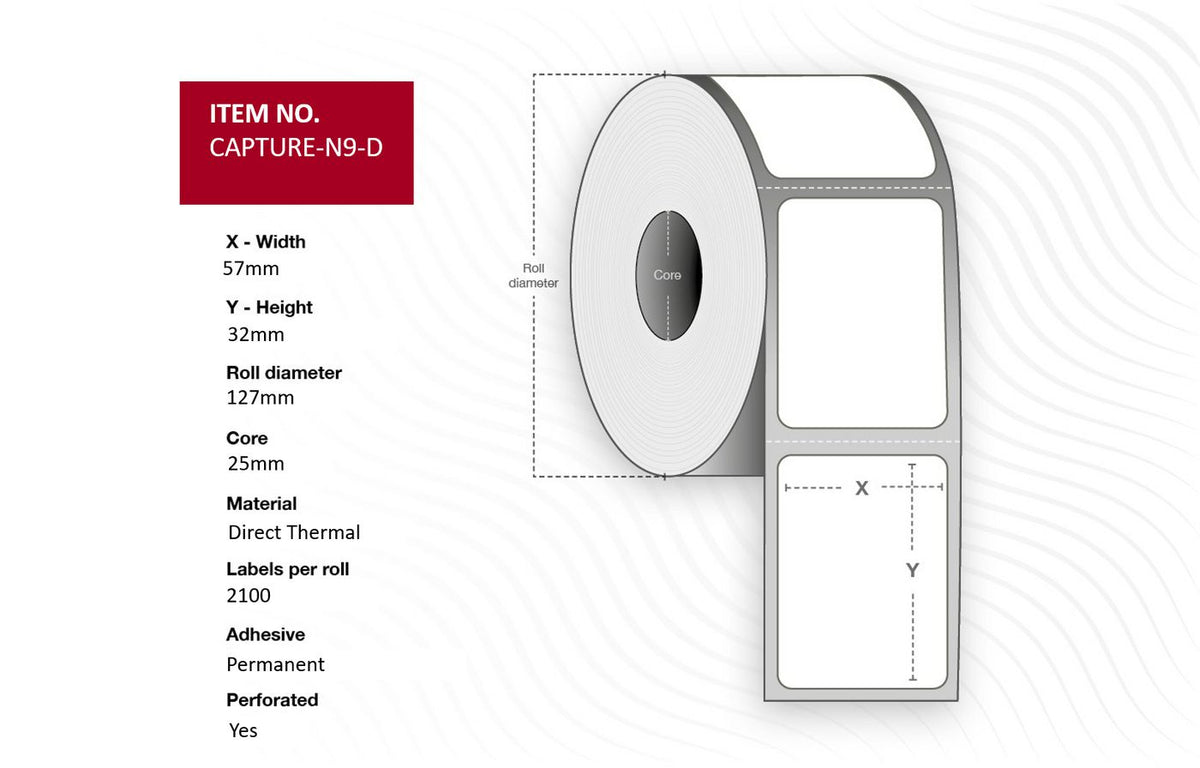 Capture Label 57x32mm, Core 25mm, Direct Thermal, Perforated. 2100 labels per roll, Max outside diameter 127mm, 12 rolls per box