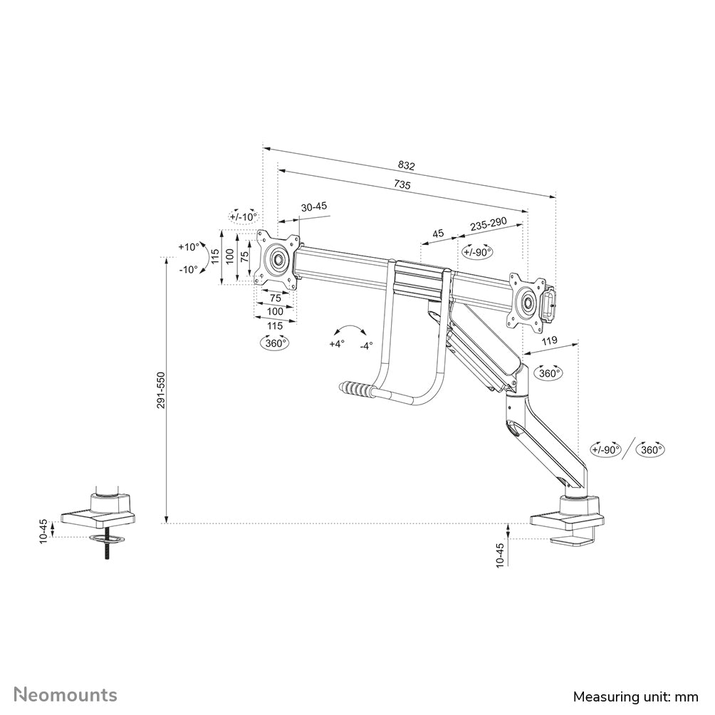 Neomounts DS75-450BL2 Monitor arm 17-32" - gas spring - Topfix - 180°-stop