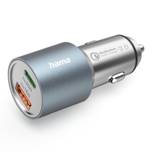 Hama USB Fast Charge Car Adapter, USB-C & USB-A, Power Delivery, Qualcomm 3.0, 38W, Metal