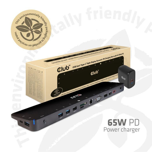 Club3D Universal Usb Gen1 Type-C Triple Display Dynamic Pd Charging Dock With 65 Watt Ps ( Vga, Hdmi, Dp, Ethernet)