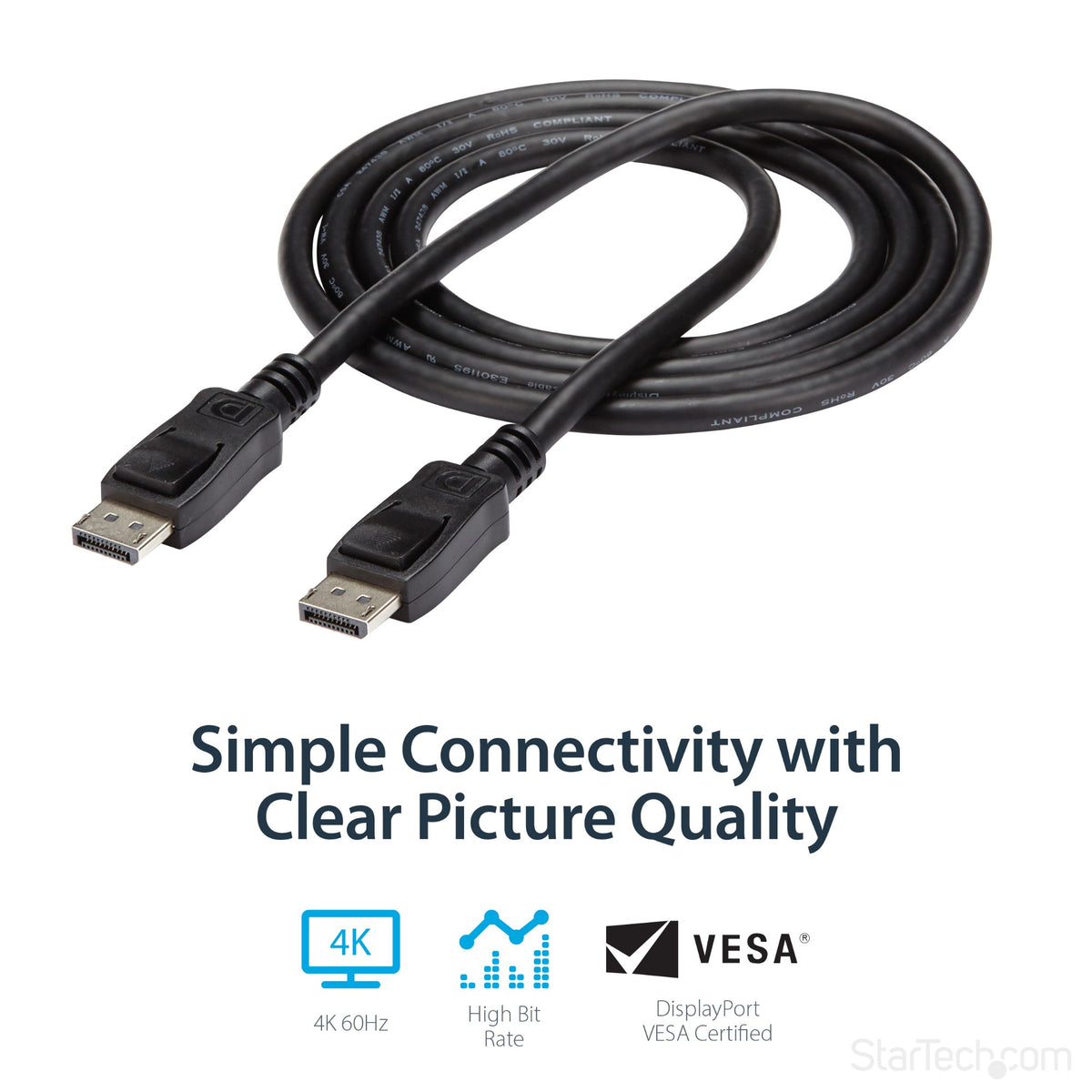 StarTech.com 6ft (1.8m) DisplayPort 1.2 Cable - 4K x 2K Ultra HD VESA Certified DisplayPort Cable - DP to DP Cable for Monitor - DP Video/Display Cord - Latching DP Connectors