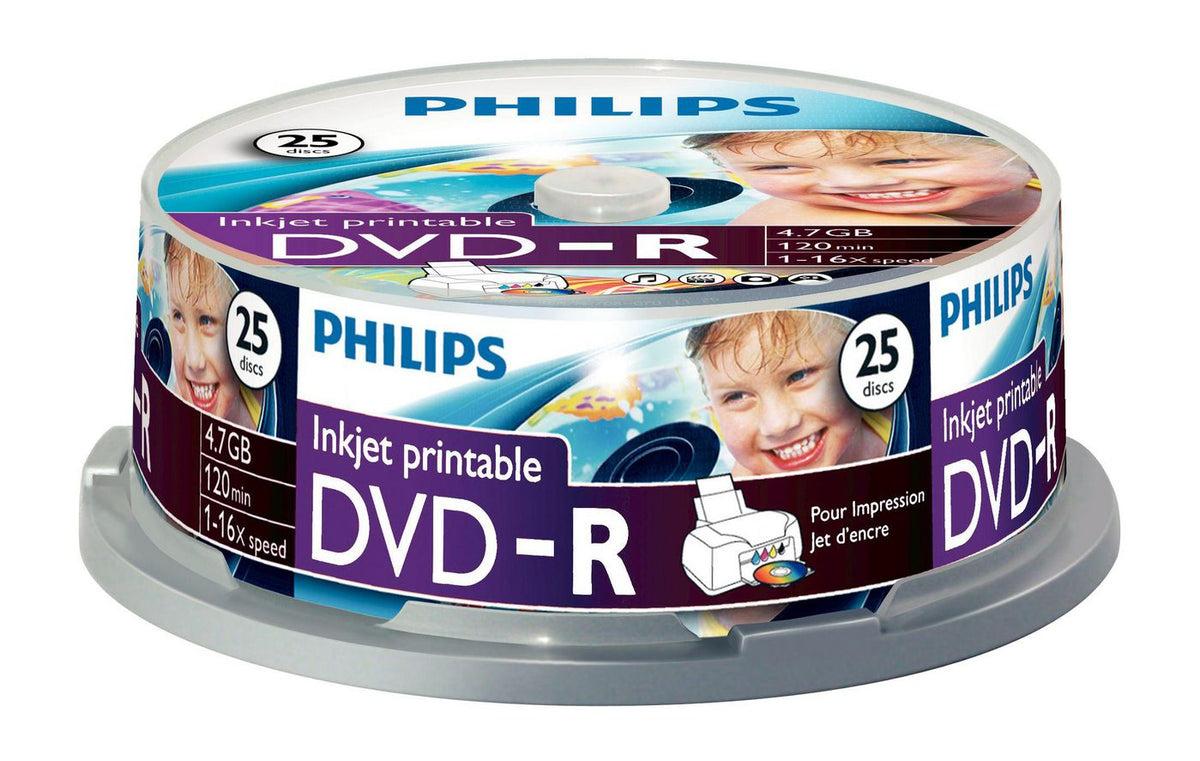 Philips 25 x Printable DVD+R 4.7GB DVD-R DM4I6B25F/00, 4.7 GB, 120 mm, 120 min, 1.2 mm, DVD-R, 4.7 GB / 120 min video