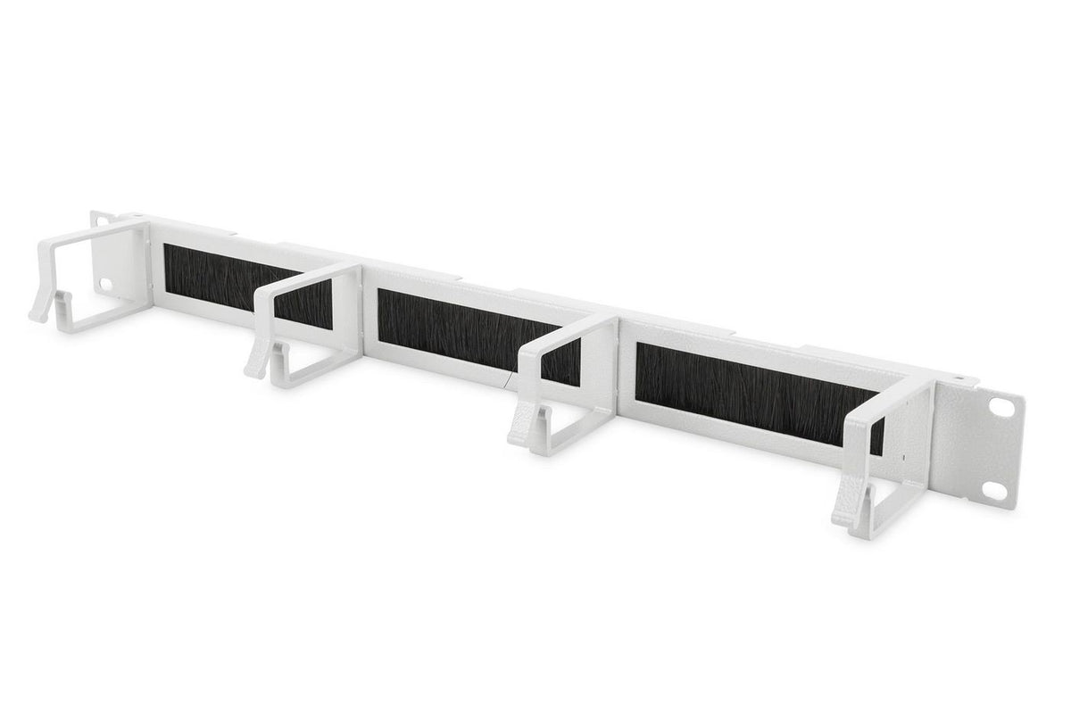 Digitus 1U cable management panel with brush entries 4x aluminum cable rings 44x60 mm, grey (RAL 7035) mit Brstenleise grau