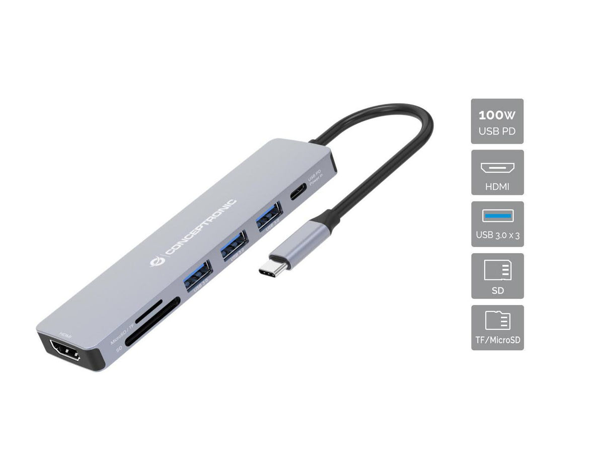 Conceptronic 7-In-1 Usb 3.2 Gen 1 Docking Station, Hdmi, Usb-A 3.0 X 3, Sd, Tf/Microsd, 100W Usb Pd