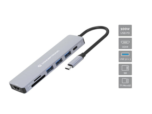 Conceptronic 7-In-1 Usb 3.2 Gen 1 Docking Station, Hdmi, Usb-A 3.0 X 3, Sd, Tf/Microsd, 100W Usb Pd