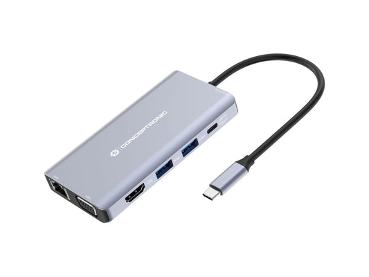 Conceptronic 10-In-1 Usb 3.2 Gen 1 Docking Station, Hdmi, Vga, Usb-A 3.0 X 3, Sd, Tf/Microsd, Audio, Gbe Lan, 100W Usb Pd