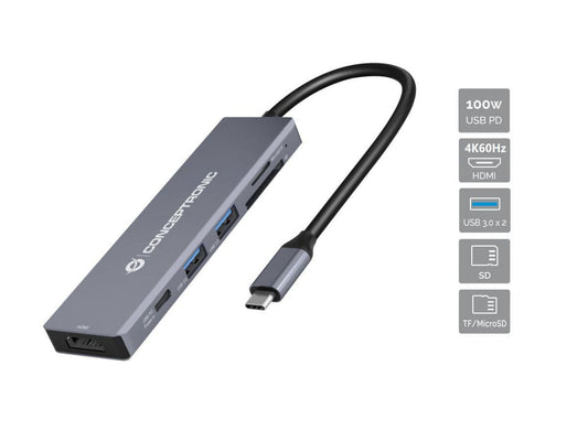 Conceptronic 6-In-1 Usb 3.2 Gen 1 Docking Station, Usb 3.0 X 2, 100W Usb Pd, 4K 60Hz Hdmi, Sd, Tf/Microsd