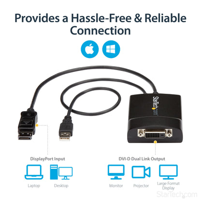 StarTech.com DisplayPort to DVI Dual Link Active Adapter - DisplayPort to DVI-D Adapter Video Converter 2560x1600 60Hz - DP 1.2 to DVI Monitor - USB Powered - Latching DP Connector