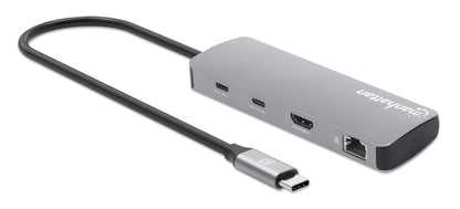 Manhattan USB-C Dock/Hub with Card Reader, Ports (x7): Ethernet, HDMI, USB-A (x3) and USB-C (x2), with Power Delivery (PD) 100W- requires external USB-C charger (not included). USB powered (no external power supply required) when PD is not in use