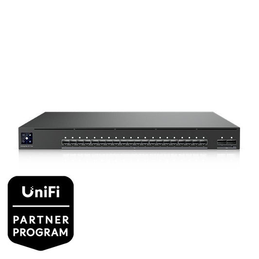 Ubiquiti Enterprise Audio/Video switch with (20) 10G SFP+ and (2) 100G QSFP28 uplinks. Supports PTP timing, SMPTE ST 2110, SDVoE, and AES67