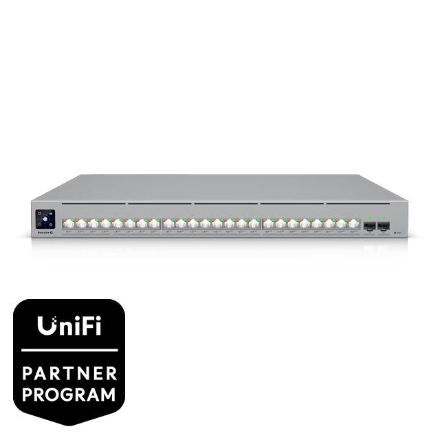 Ubiquiti Enterprise-grade 24-port, Layer 3 Etherlighting PoE switch with high-capacity 10 GbE RJ45 and 25G SFP28 connections for high
