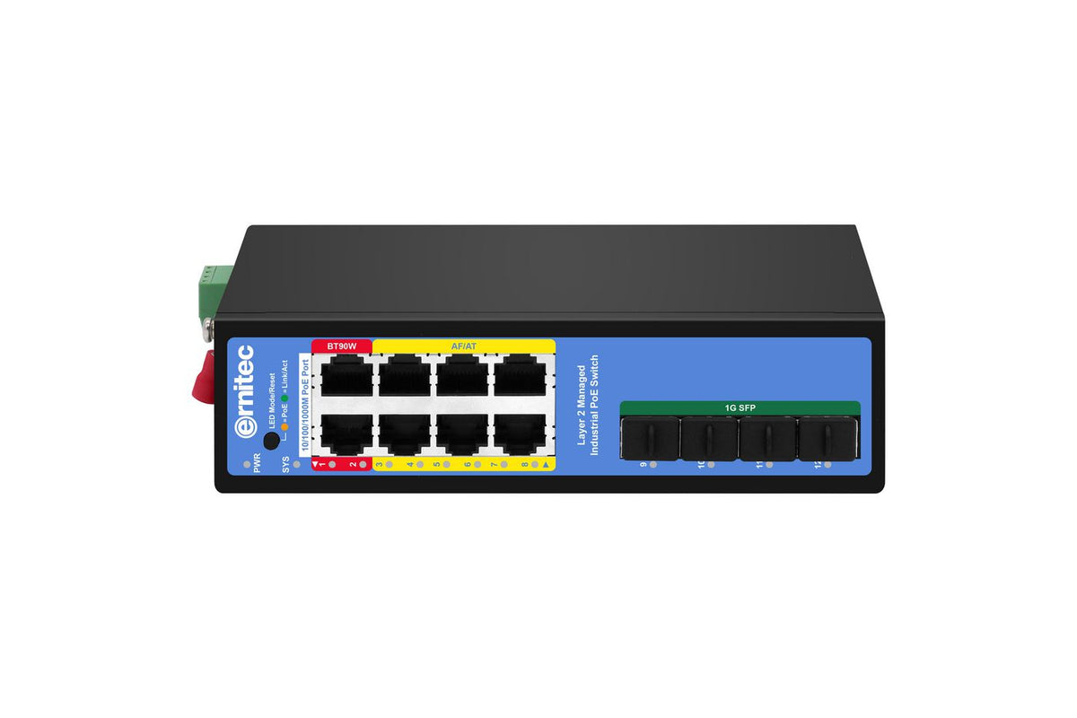 Ernitec 8-port PoE 1000Mbps Industrial Managed Switch, 4 *1000Mbps SFP Uplink ports 1 * Console port
