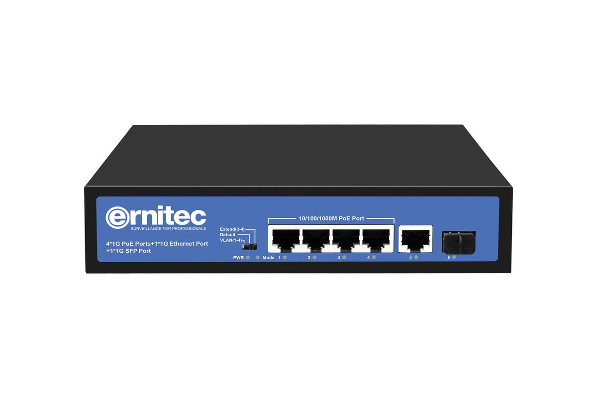 Ernitec 6-Port Gigabit PoE Switch Unmanaged, 4 x 1000Mbps PoE Ports, 1 x 1000Mbps RJ45 Uplink Port, 1 x 1000Mbps SFP Uplink port