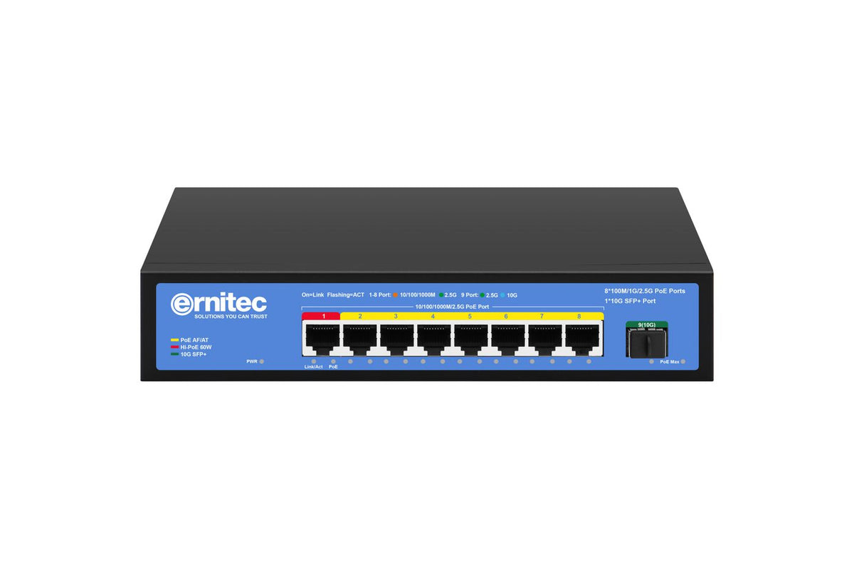 Ernitec 8-Port 2.5 Gigabit Unmanaged Intelligent PoE Switch, 8 PoE 2.5 Gigabit RJ45 ports, 1 x 10G SFP+ port - PoE 135W