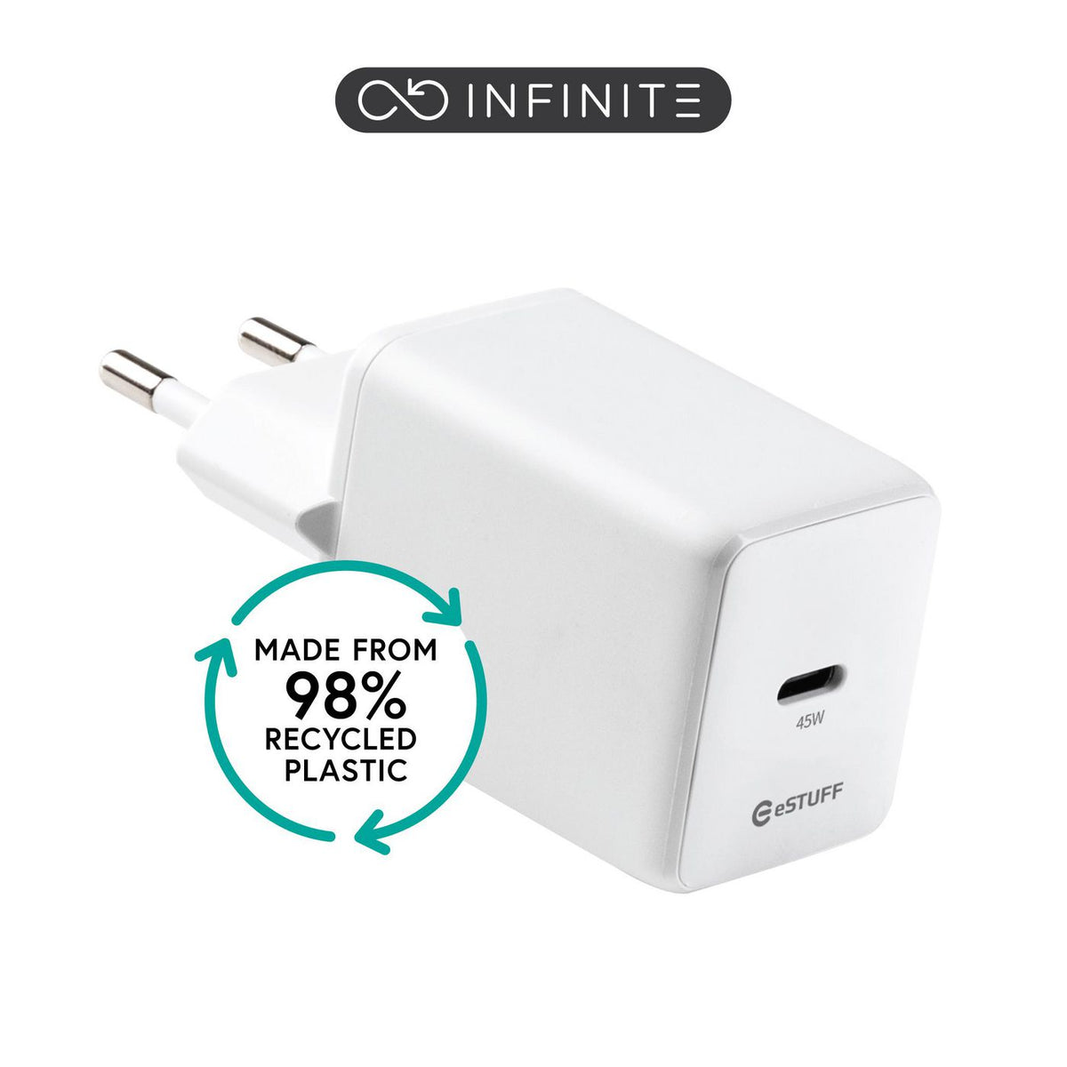 eSTUFF INFINITE (GRS) USB-C Charger EU PD 45W GaN. 1 x USB-C. White. 98% recycled plastic (rPC)