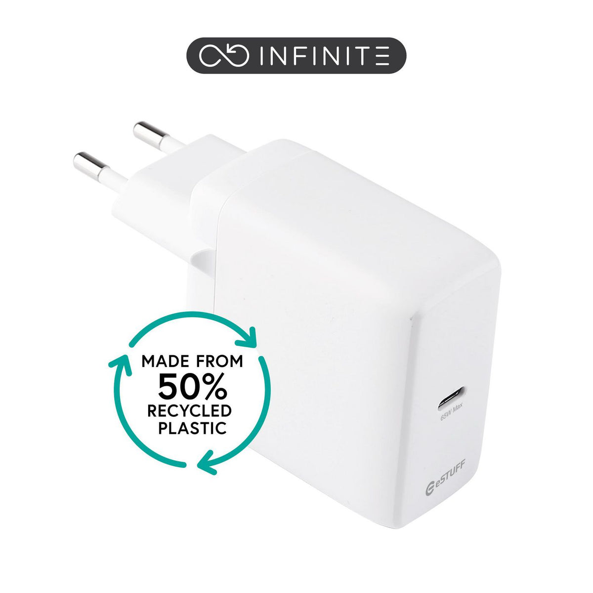 eSTUFF INFINITE (GRS) USB-C Charger EU PD 65W GaN. 1x USB-C . White. 50% recycled plastic (rPC)