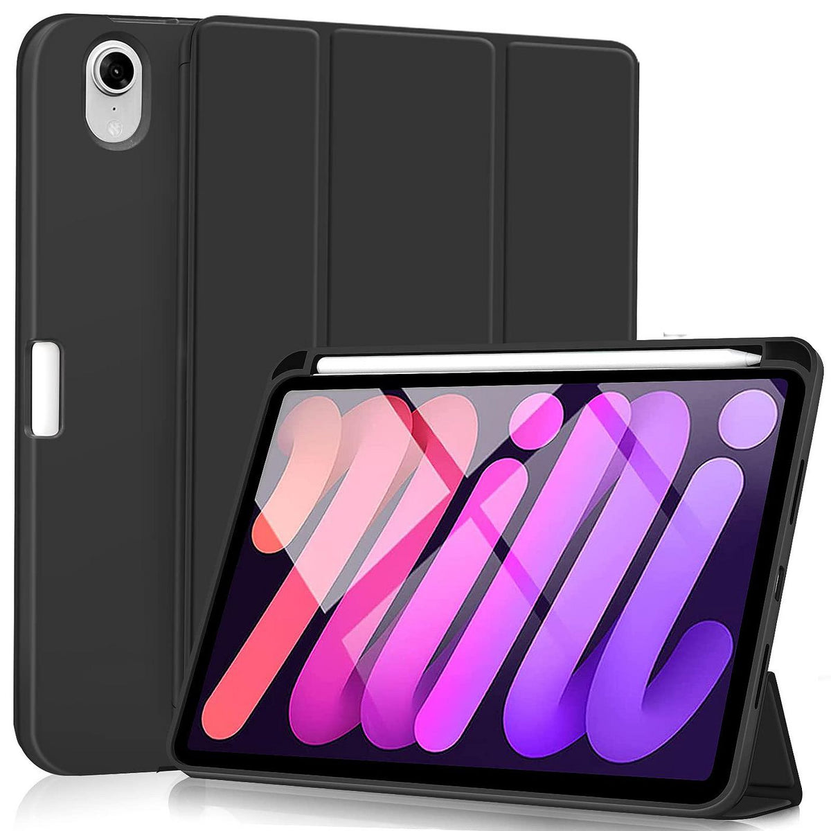eSTUFF iPad Mini 6 / 7. MIAMI Pencil Case Black PU leather front with soft TPU back. MIAMI Pencil Case Pencil slot for charging in cover