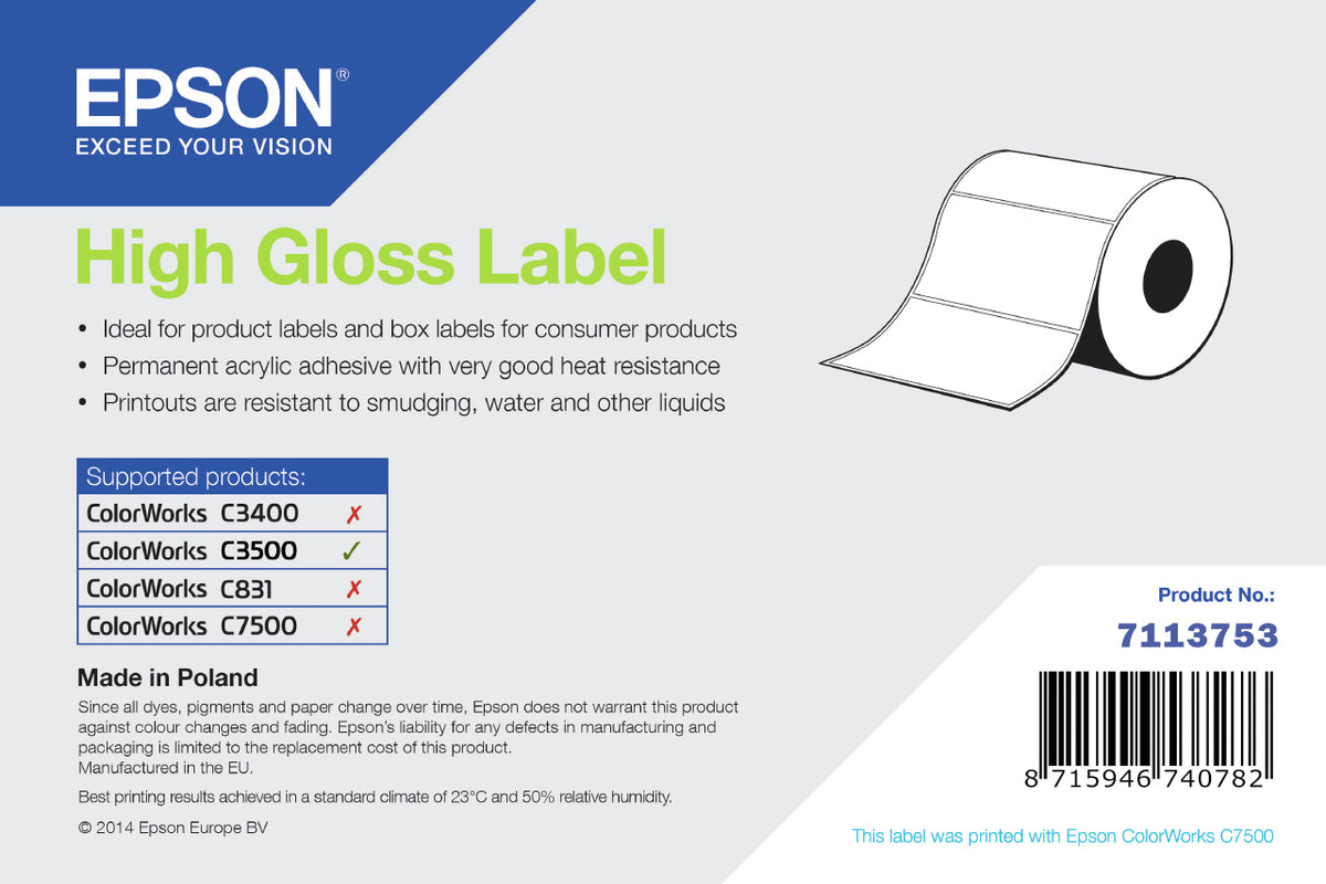 Epson High Gloss Label, Die-Cut Roll, 102mm x 51mm, 610 Labels