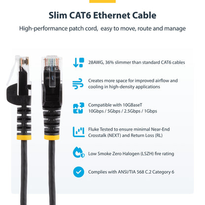StarTech.com 25cm Orange Slim CAT6 Ethernet Cable, Snagless, 100W PoE, UTP, LSZH, 28AWG Pure Bare Copper Wire, Slim RJ45 Network Patch Cord w/Strain Reliefs, Individually Tested