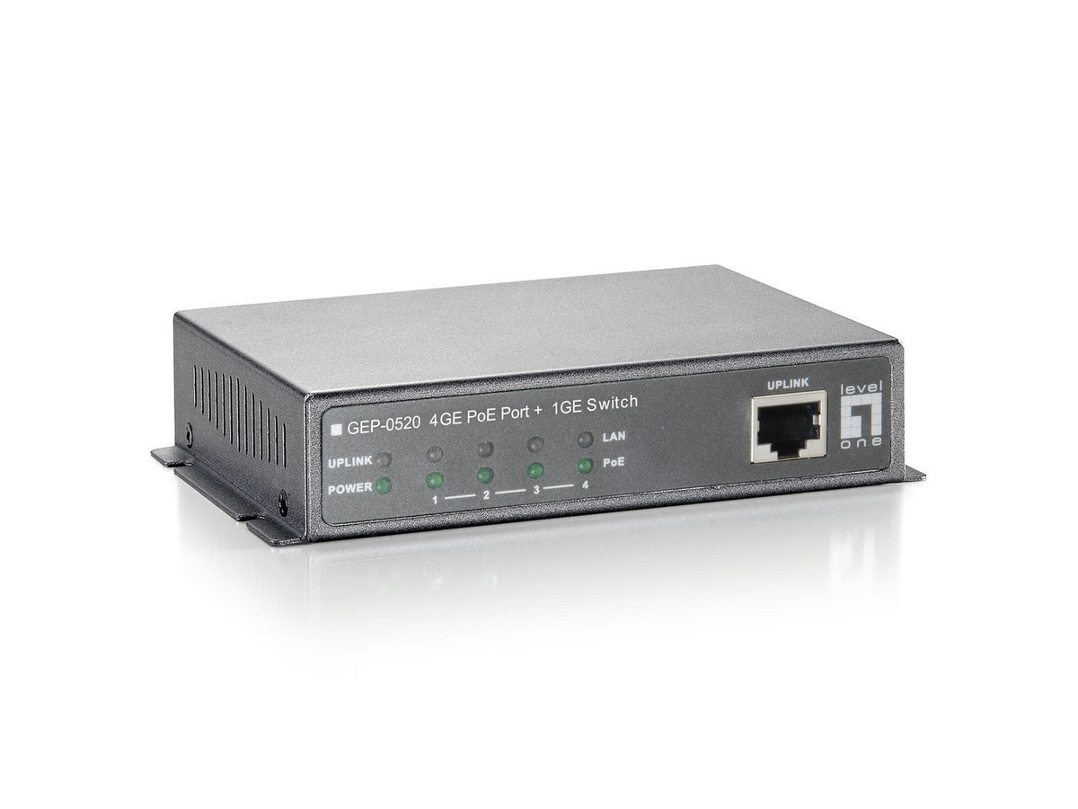 LevelOne 05P DT LevelOne GEP-0520 10/10 5-Port Gigabit PoE Switch, 61.6W, 802.3af PoE, 4 PoE Outputs, power adapter included, Gigabit Ethernet