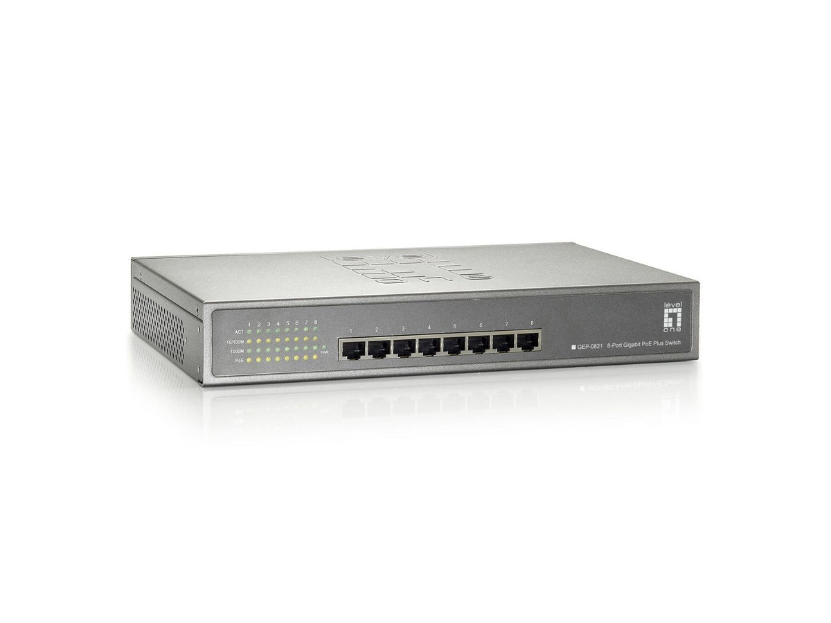 LevelOne 8-PORT GIGABIT POE-PLUS 8-Port Gigabit PoE Switch, 802.3at/af PoE, 123.2W, Gigabit Ethernet (10/100/1000), Full duplex, Power over