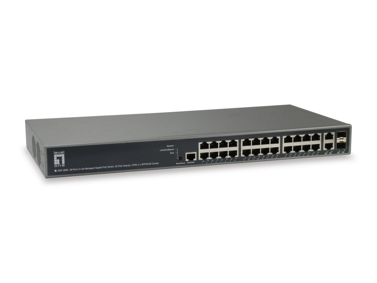 LevelOne 26-Port L3 Lite Managed Switch TURING 26-Port L3 Lite Managed Gigabit PoE Switch, 24 PoE Outputs, 370W, 2 x SFP/RJ45 Combo, Managed,