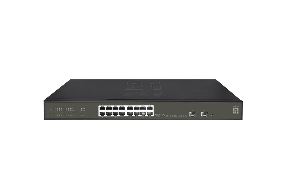 LevelOne Hilbert 18-Port Gigabit Poe Smart Lite Switch, 16 Poe Outputs, 2 X Gigabit Sfp, 802.3At/Af Poe, 230W Poe Power Budget