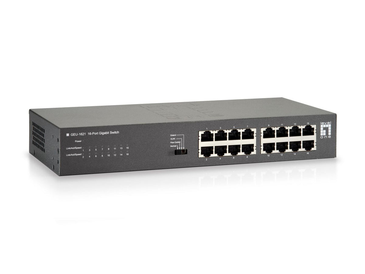 LevelOne Switch 16x GBit 19" 16-Port Gigabit Switch, Unmanaged, Gigabit Ethernet (10/100/1000), Full duplex, Rack mounting