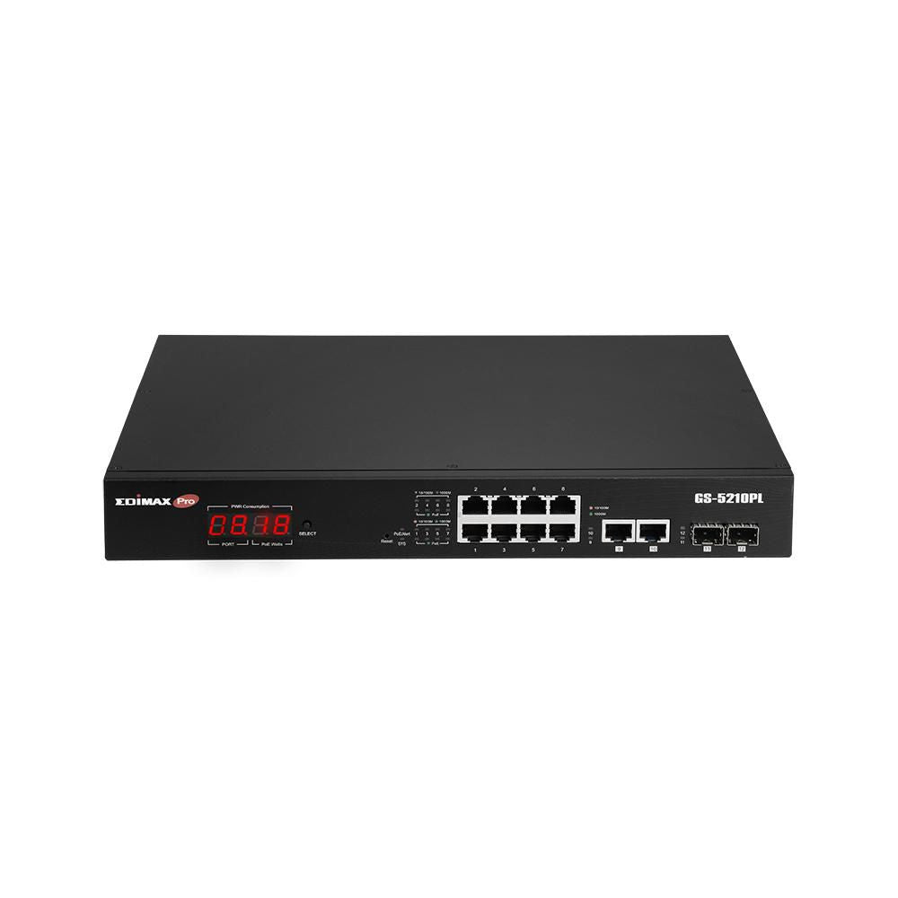 Edimax Surveillance VLAN 12-Port Gigabit PoE+ Long Range Web Smart Switch with 2 Gigabit RJ45 Ports and 2 S GS-5210PL, Managed, Gigabit