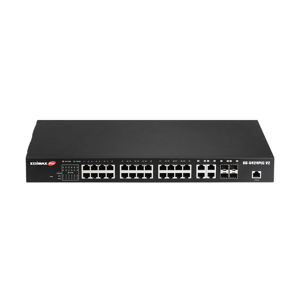 Edimax Surveillance VLAN 28-Port Gigabit PoE+ Long Range Web Smart Switch with 4 Gigabit RJ45/SFP Combo Por GS-5424PLC V2, Gigabit Ethernet