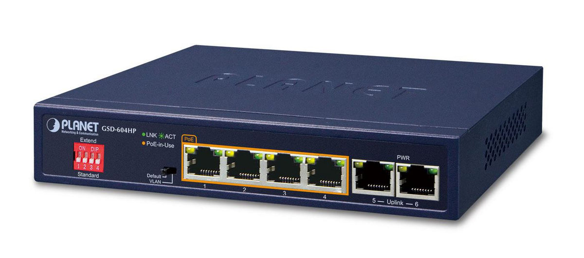 Planet 4-Port 10/100/1000T 802.3at POE + 2-Port 10/100/1000T Desktop Switch (55W POE Budget, External Power Supply)
