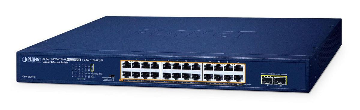 Planet 19" 24-Port 10/100/1000T 802.3at POE + 2-Port 1000X SFP Unmanaged Gigabit Ethernet Switch (220W)