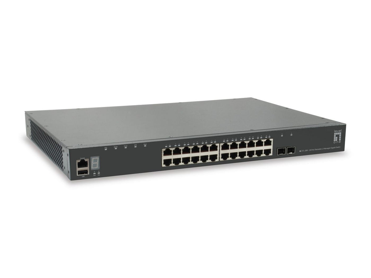 LevelOne 28-Port Stackable L3 Switch KILBY 28-Port Stackable L3 Managed Gigabit Switch, 2 x 10GbE SFP+, 1 x 10GbE Module Slot, Managed, L3,
