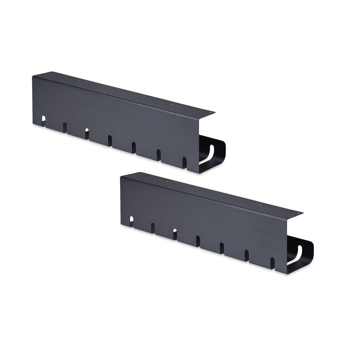 StarTech.com 2-Pack Under Desk Cable Management Tray, 42" Long (21" Per Tray), Metal Slotted Style Cable Organizer, Screw-On Install, Power Bar Holder, Black, TAA