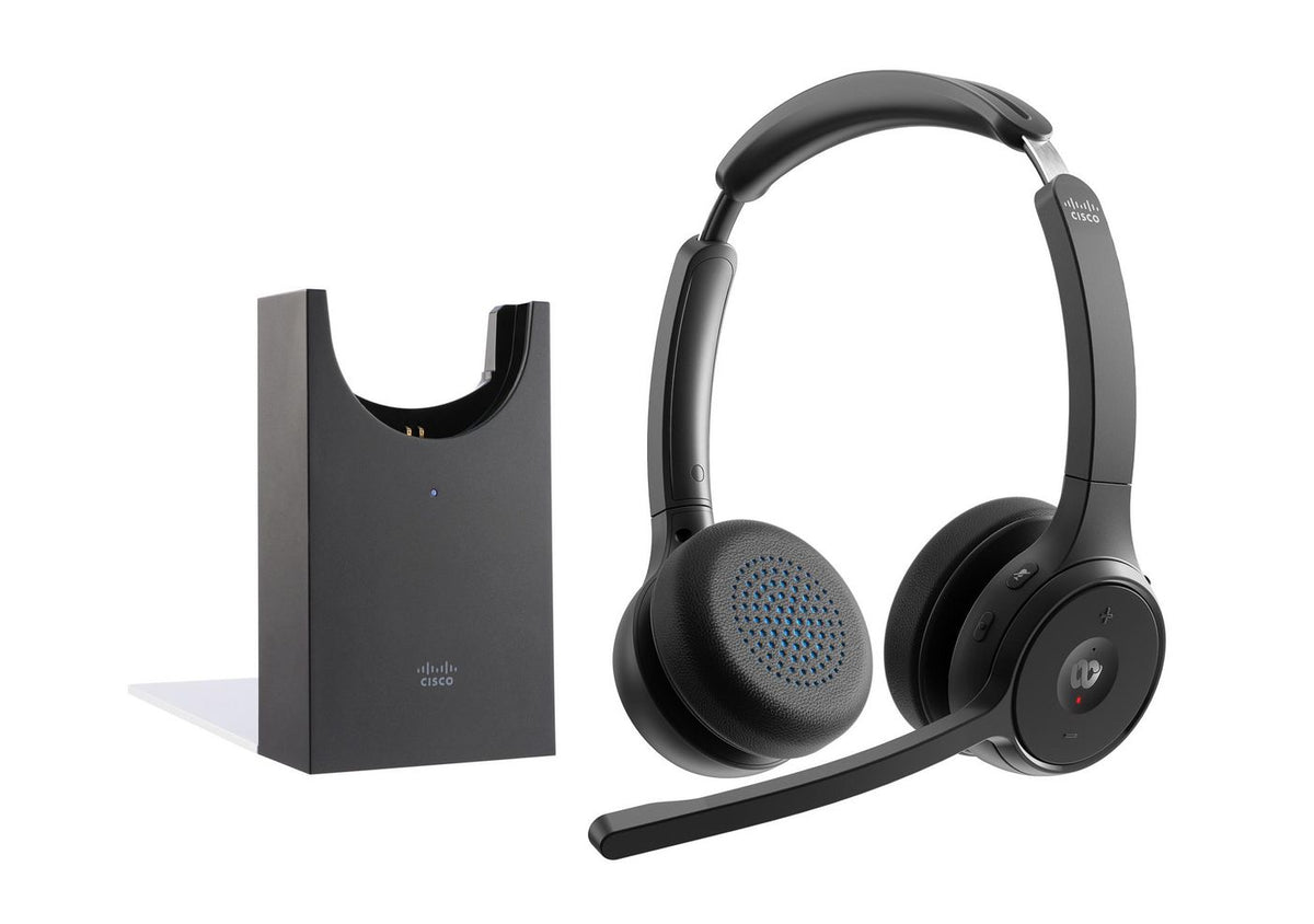 Cisco Ess Dual On-Ear Bluetooth Headphones, Webex Button, Usb-A Hd Bluetooth Adapter, Soft Case, Charging Stand, Carbon Black, 1-Year