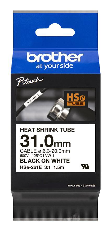 Brother HSe-261E Heat shrink tube - Black on White, 31.0 mm (For diameter 6.3 to 20.0 mm)