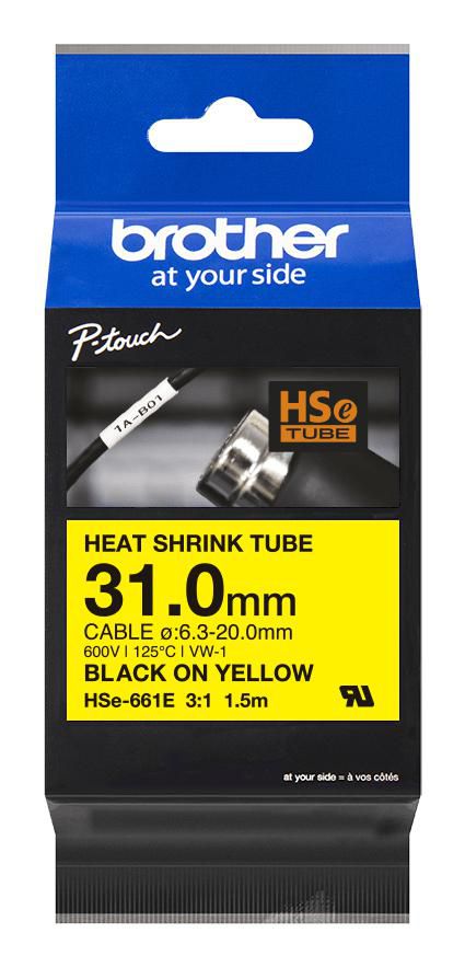 Brother HSe-661E Heat shrink tube - Black on Yellow, 31.0 mm (For diameter 6.3 to 20.0 mm)