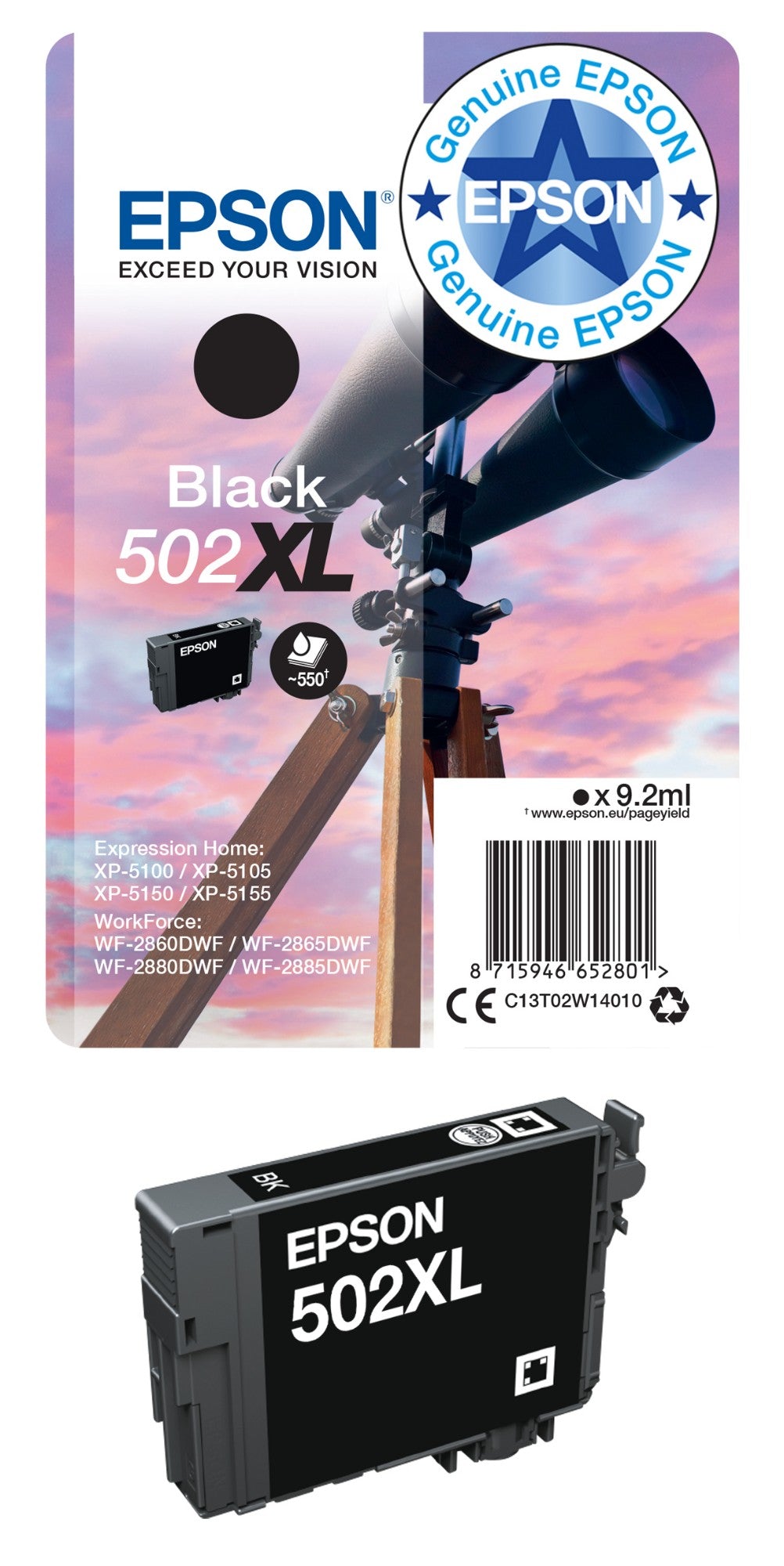 Epson C13T02W64010/502XL Ink cartridge multi pack Bk,C,M,Y high-capacity 28.4ml 9,2ml + 3x6,4ml Pack=4 for Epson XP-5100