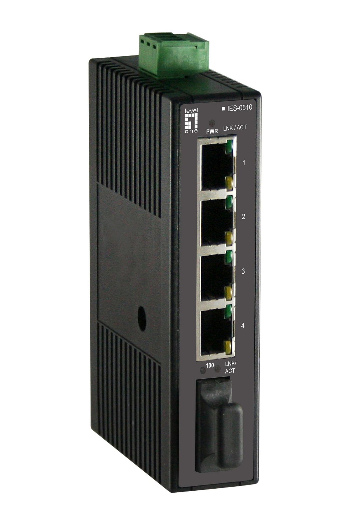 LevelOne 4 FE + 1 MM SC UNMGD SWTCH 5-Port Fast Ethernet Industrial Switch, DIN-Rail, 1 x SC Multi-Mode Fiber, -20°C to 70°C, Unmanaged,