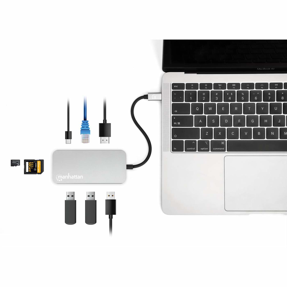 Manhattan USB-C Dock/Hub with Card Reader, Ports (x6): Ethernet, HDMI, USB-A (x3) and USB-C, With Power Delivery (100W) to USB-C Port (Note additional USB-C wall charger and USB-C cable needed), Universal for all devices, Cable 15cm, Aluminium, Silver