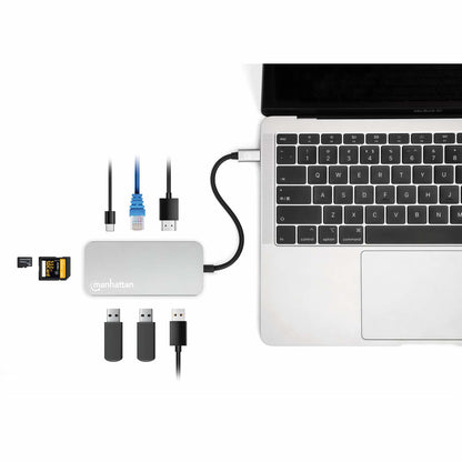 Manhattan USB-C Dock/Hub with Card Reader, Ports (x6): Ethernet, HDMI, USB-A (x3) and USB-C, With Power Delivery (100W) to USB-C Port (Note additional USB-C wall charger and USB-C cable needed), Universal for all devices, Cable 15cm, Aluminium, Silver