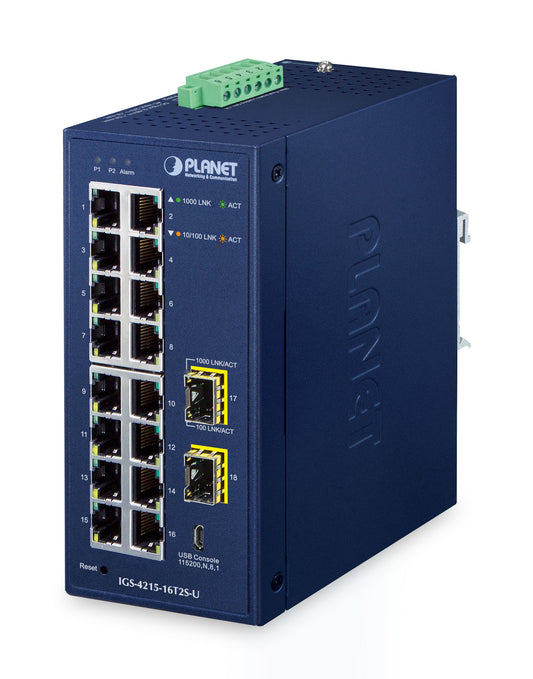 PLANET IP30 Industrial L2/L4 16-Port Managed L2/L4 Gigabit Ethernet (10/100/1000) Blue