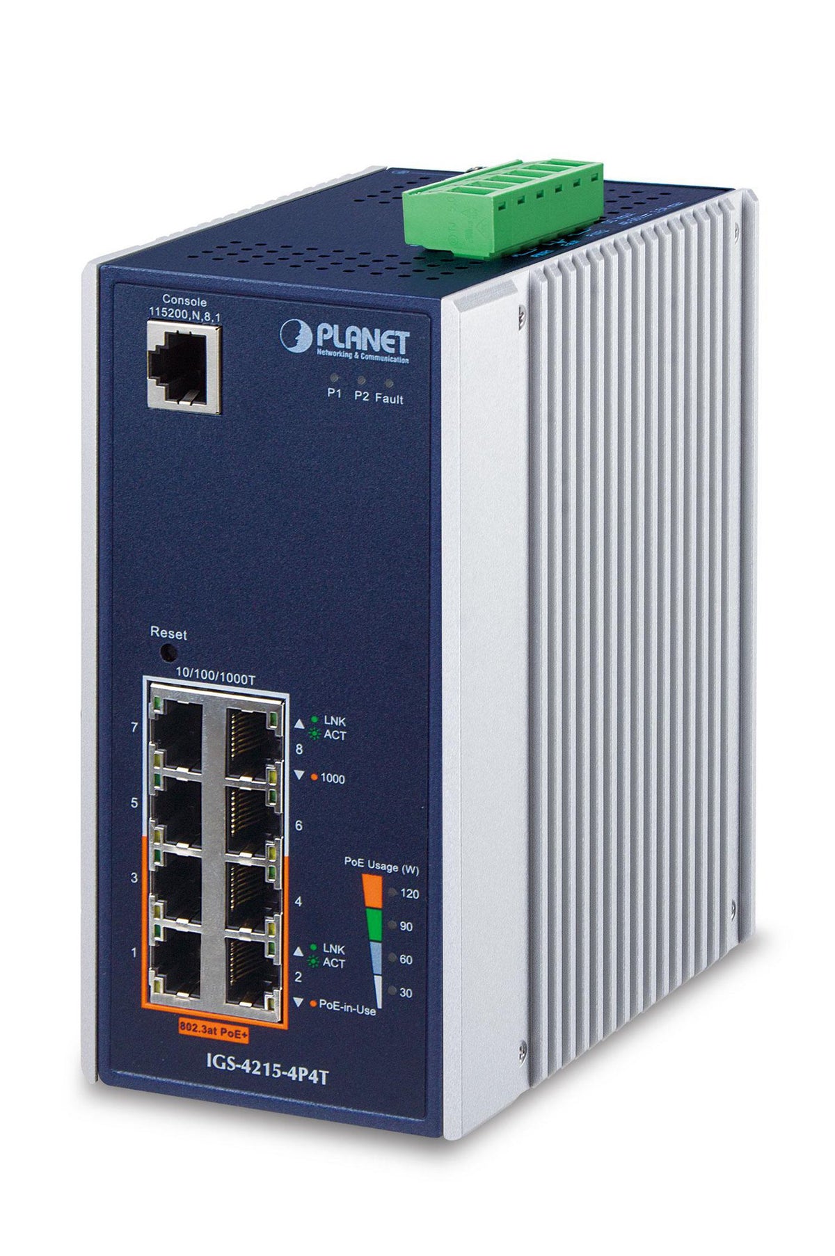 Planet IP30 Industrial L2/L4 4-Port 10/100/1000T 802.3at PoE + 4-Port 10/100/1000T Managed Switch (-40~75 degrees C), dual redundant power