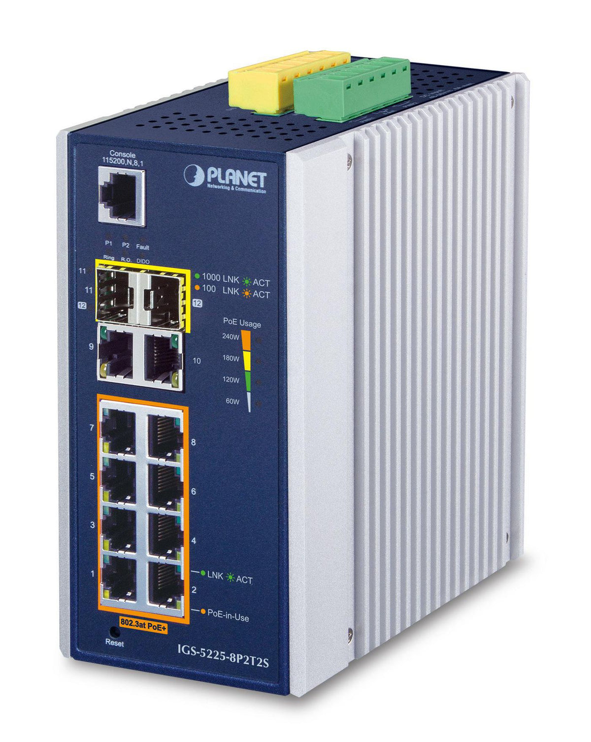 Planet IP30 Industrial L2+/L4 8-Port 1000T 802.3at PoE + 2-Port 10/100/1000T + 2-Port 100/1000X SFP Full Managed Switch (-40 to 75 C, dual