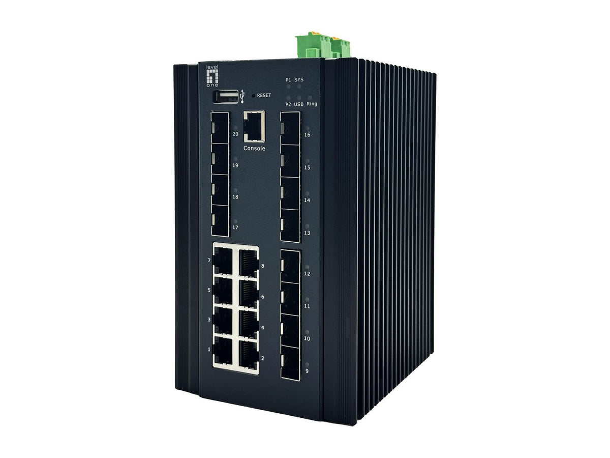 LevelOne 20-Port L2 Plus Managed Industrial Switch, 8 X 1Gbe Rj45, 8 X 1Gbe Sfp, 4 X 1/2.5Gbe Sfp, Din-Rail, -40°C To 80°C