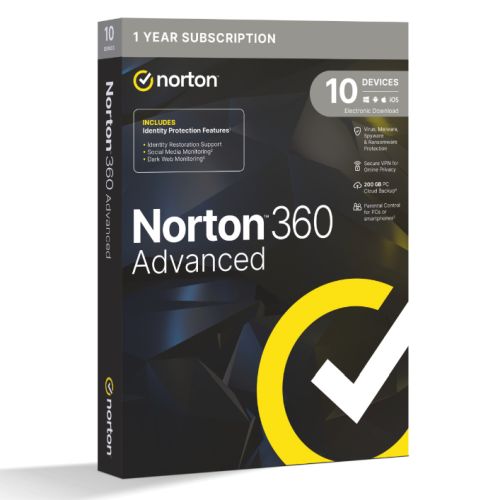 Norton 360 Advanced 1x 10 Device, 1 Year Retail Licence - 200GB Cloud Storage - PC, Mac, iOS & Android *Non-enrolment*